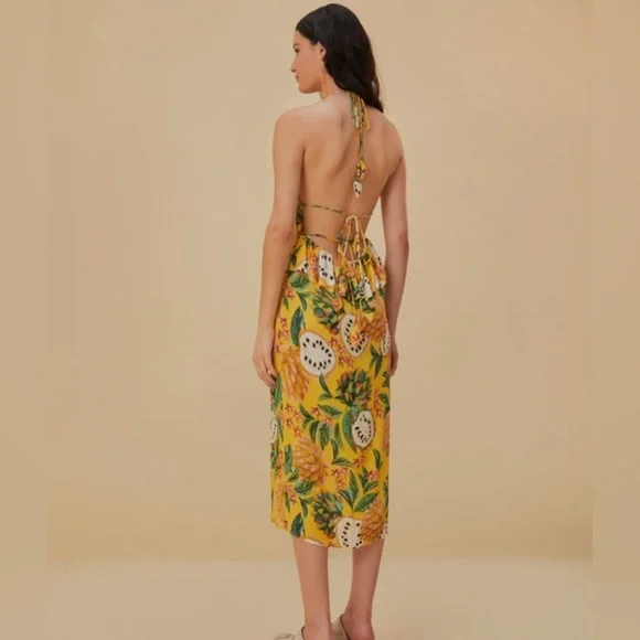 NWT Farm Rio Biriba Yellow Sleeveless Halter Peplum Midi Dress - Picture 3 of 11